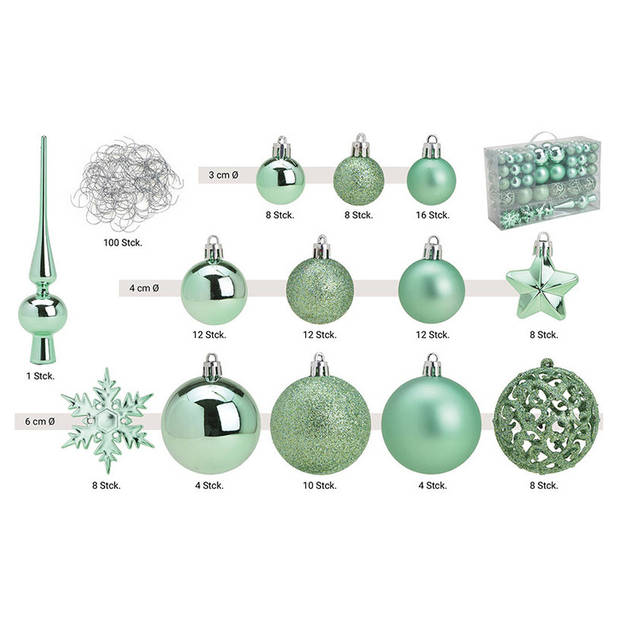 111x stuks kunststof kerstballen mint groen 3, 4 en 6 cm met piek - Kerstbal