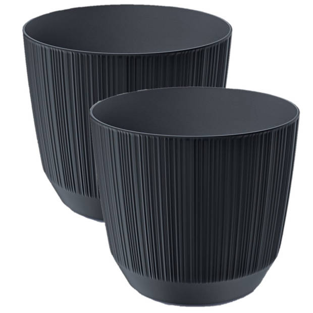 2x stuks moderne carf-stripe plantenpot/bloempot kunststof dia 13 cm/hoogte 11 cm antraciet grijs - Plantenpotten