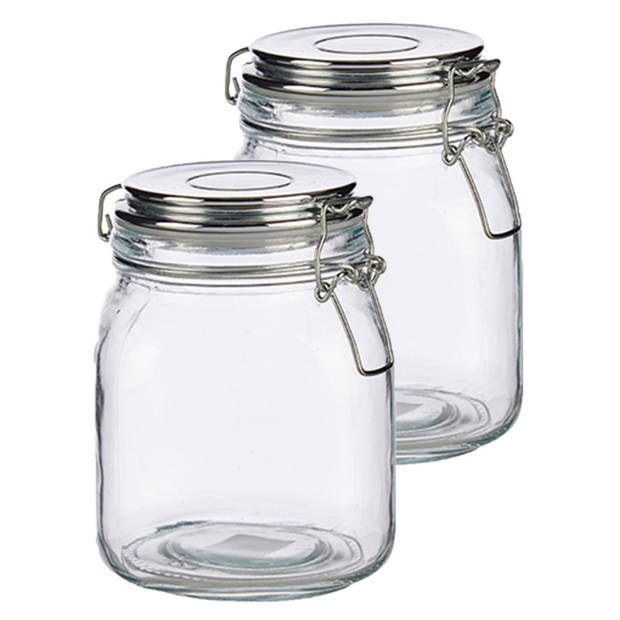 Set van 2x stuks glazen luxe keuken voorraadpotten/voorraadbussen met klepdeksel zilver 1000 ml - Voorraadpot