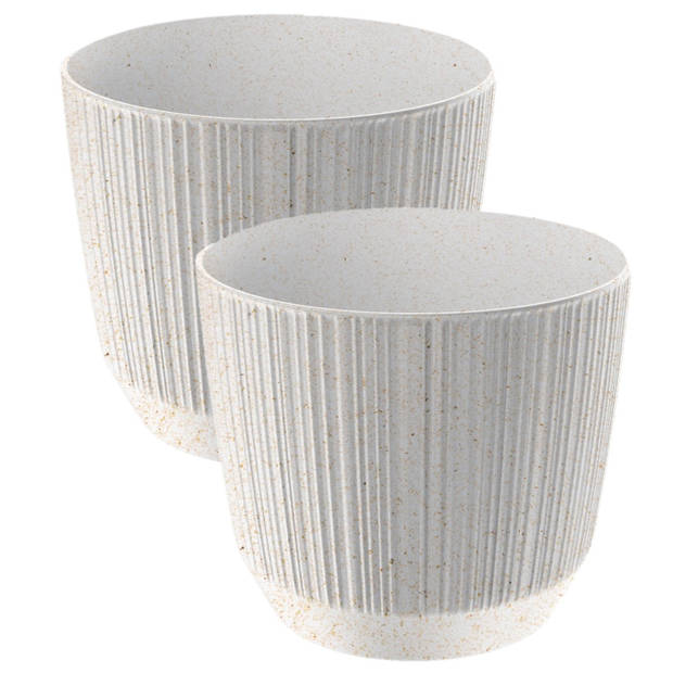 2x stuks moderne carf-stripe plantenpot/bloempot kunststof dia 17 cm/hoogte 15 cm eco/hout wit - Plantenpotten