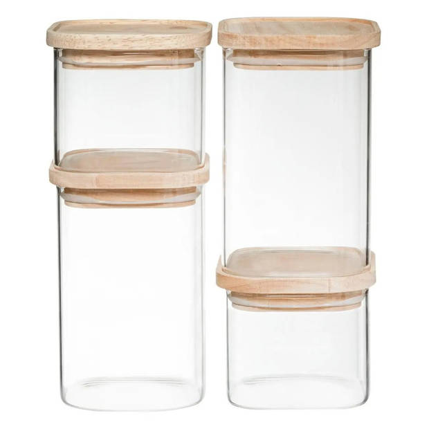 Set van 4 voorraadbussen/voorraadpotten 0,5L - 1L glas met houten deksel - Voorraadpot