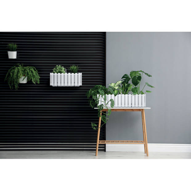 2x stuks fence-look ophang plantenbakken/bloembakken kunststof 58 x 18 x 16 cm parel wit - Plantenpotten