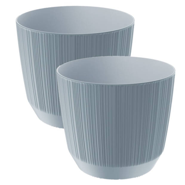 2x stuks moderne carf-stripe plantenpot/bloempot kunststof dia 17 cm/hoogte 15 cm steengrijs - Plantenpotten