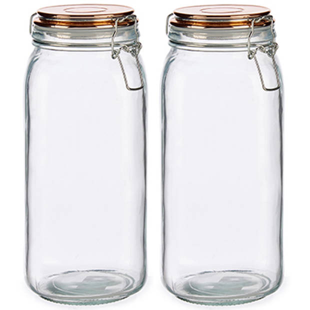 Set van 2x stuks glazen luxe keuken voorraadpotten/voorraadbussen met klepdeksel koper 2100 ml - Voorraadpot