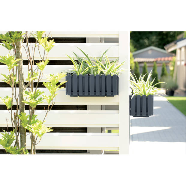 2x stuks fence-look ophang plantenbakken/bloembakken kunststof 38 x 18 x 16 cm steengrijs - Plantenpotten