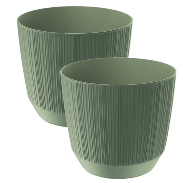 2x stuks moderne carf-stripe plantenpot/bloempot kunststof dia 15 cm/hoogte 13 cm groen - Plantenpotten