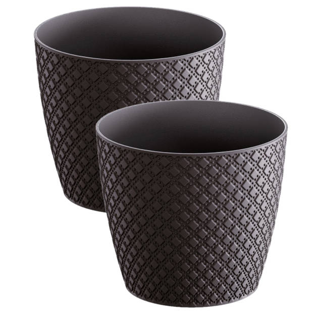 2x stuks orient stijl plantenpot/bloempot kunststof dia 19 cm en hoogte 17 cm antraciet grijs - Plantenpotten