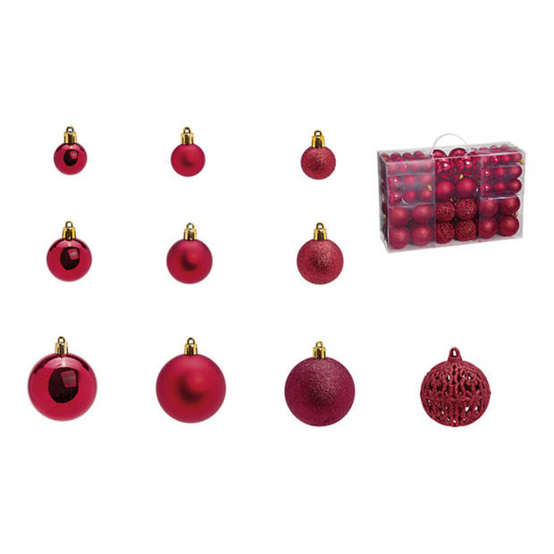 Kerstballen -set 100x st - bordeaux rood - 3,4,6 cm - kunststof - Kerstbal