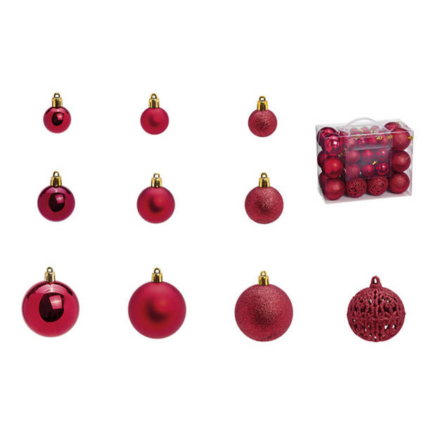 Kerstballen - set 50x st - bordaux rood - 3,4,6 cm - kunststof - Kerstbal