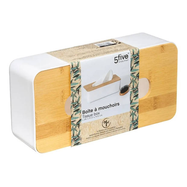 Tissuedoos/tissue box wit kunststof met bamboe deksel 26 x 13 cm - Tissuehouders