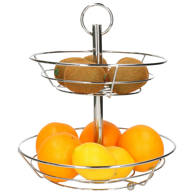 2-laags fruitschaal/fruitmand rond zilver metaal 29 cm - Fruitschalen