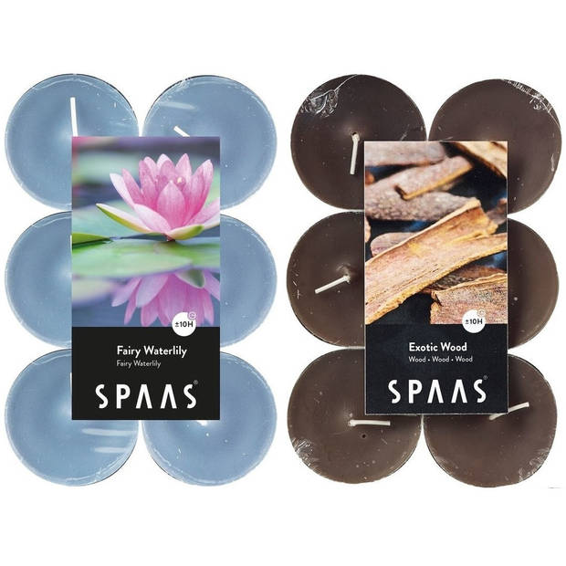 Candles by Spaas geurkaarsen - 24x stuks in 2 geuren Waterlelie bloemen en Exotic wood - geurkaarsen