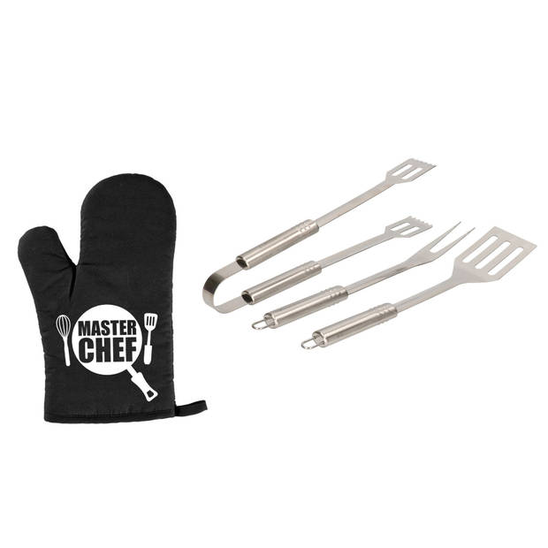 Barbecue/bbq gereedschap 3-delige set 33 cm van RVS met BBQ handschoen Masterchef - Barbecuegereedschapset