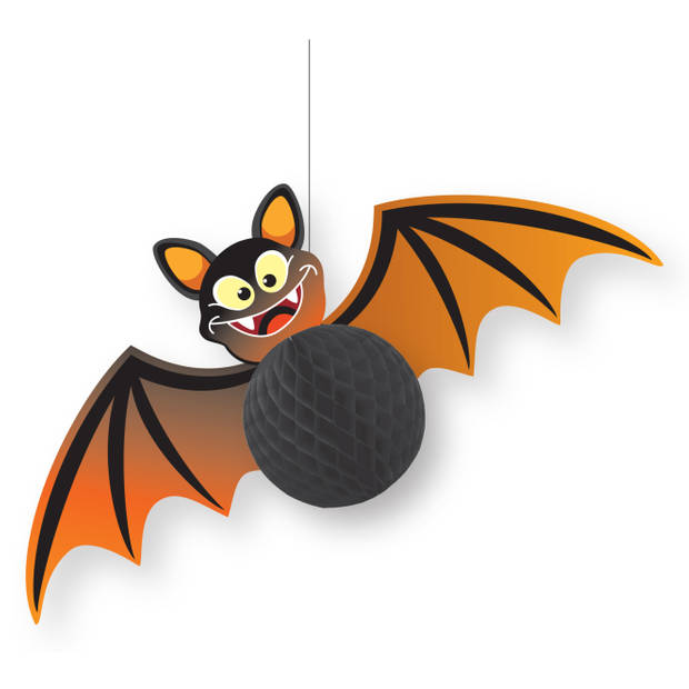 Halloween thema hangende vleermuis decoratie zwart/oranje 30 cm - Hangdecoratie