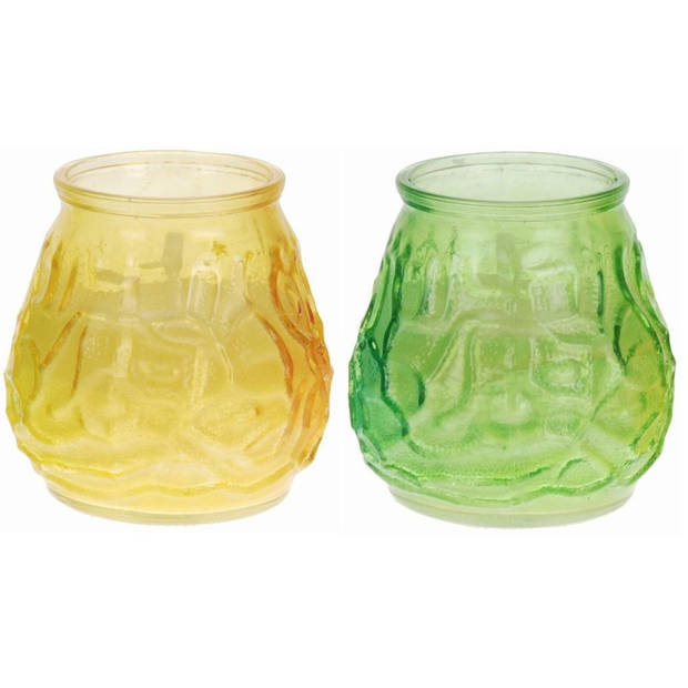 Windlicht geurkaars - 2x - geel/groen glas - 48 branduren - citrusgeur - geurkaarsen