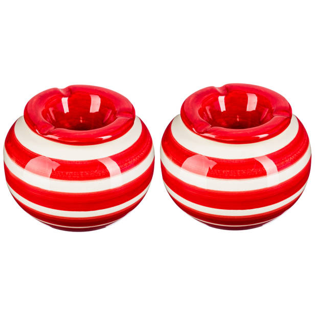 Set van 2x stuks terras asbakken/stormasbakken rond keramiek 12 x 7,5 cm rood met streep - Asbakken