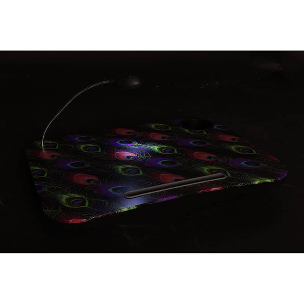 Schootkussen/laptray met LED verlichting 48 x 38 cm gekleurde pauwenveren print - Dienbladen