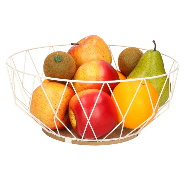 Fruitschaal/fruitmand rond wit metaal/hout 28 cm - Fruitschalen