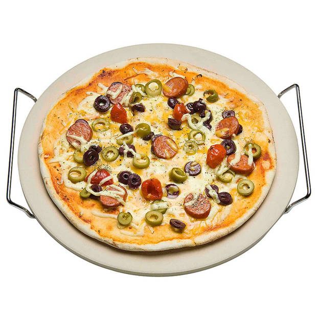Keramische pizzasteen rond 33 cm met handvaten en zwarte pizzaschaar - Pizzaplaten