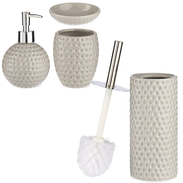 Badkamer accessoires set 4-delig kiezelgrijs/taupe van keramiek - Badkameraccessoireset