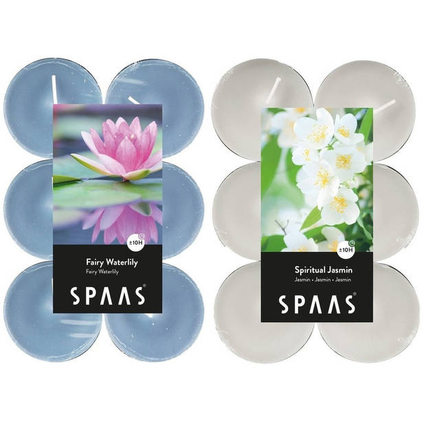 Candles by Spaas geurkaarsen - 24x stuks in 2 geuren Jasmin en Waterlilly flowers - geurkaarsen