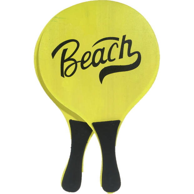 Gebro strand Beachball set - hout - geel - strand sport speelset - met 5x balletjes - Beachballsets