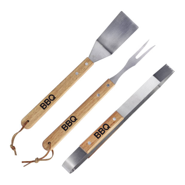 Luxe barbecue gereedschap set met houten handgrepen 3-delig RVS met BBQ handschoen Masterchef - Barbecuegereedschapset