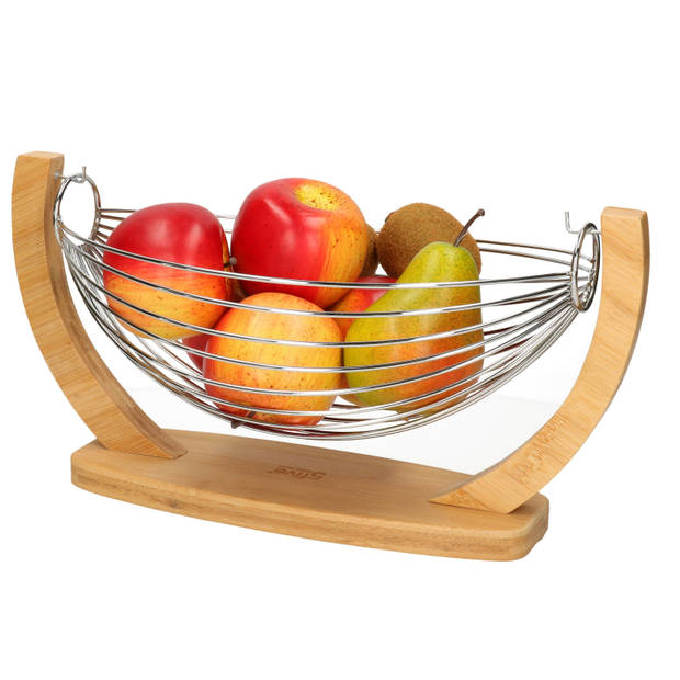 Fruitschaal/fruitmand hangend in voet hout/metaal 36 x 21 x 18 cm - Fruitschalen