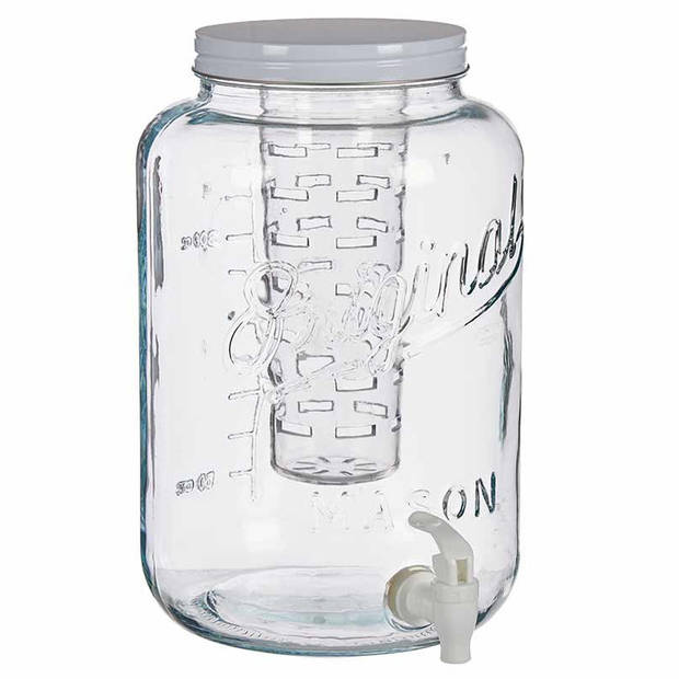 Glazen drankdispenser/limonadetap met witte kleur dop/tap 8 liter - Drankdispensers
