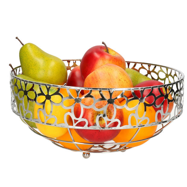 Metalen fruitschaal/fruitmand rond zilver met bloemenpatroon 28 x 28 cm - Fruitschalen