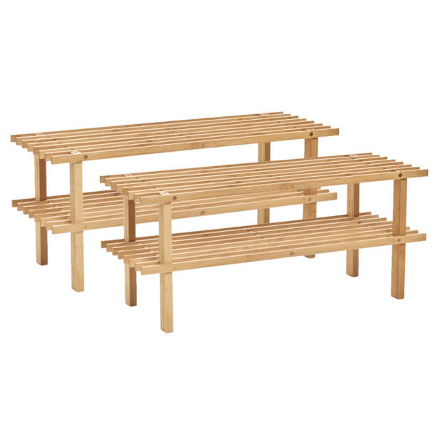 Set van 2x stuks bamboe houten schoenenrek/schoenenstandaard 2-laags 70 x 26 x 30 cm - Schoenenrekken