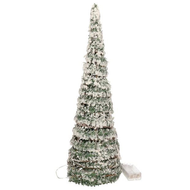 Set van 2x stuks kerstverlichting figuren Led kegel kerstboom groen besneeuwd 60 cm - kerstverlichting figuur