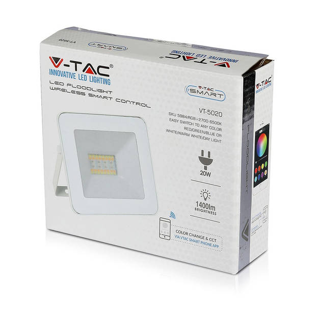 V-TAC VT-5020-W Slimme LED Schijnwerper - Wit - IP65 - 20W - 1400 Lumen - RGB+3IN1