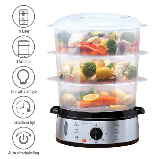 alpina Stoomkoker - 230V/800W - 3-Laags Food Steamer - BPA-Vrij - Vaatwasser Bestendig - Timer - 9 Liter Inhoud