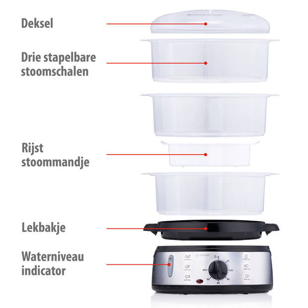 alpina Stoomkoker - 230V/800W - 3-Laags Food Steamer - BPA-Vrij - Vaatwasser Bestendig - Timer - 9 Liter Inhoud