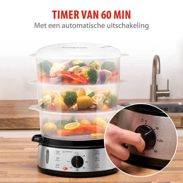 alpina Stoomkoker - 230V/800W - 3-Laags Food Steamer - BPA-Vrij - Vaatwasser Bestendig - Timer - 9 Liter Inhoud