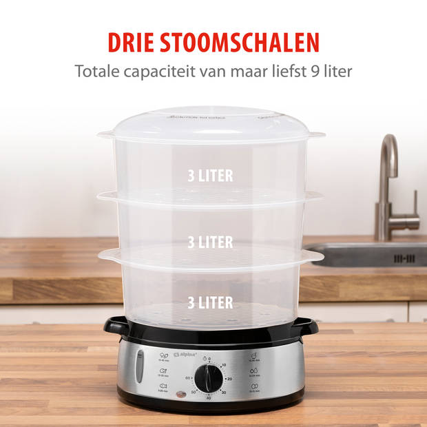 alpina Stoomkoker - 230V/800W - 3-Laags Food Steamer - BPA-Vrij - Vaatwasser Bestendig - Timer - 9 Liter Inhoud