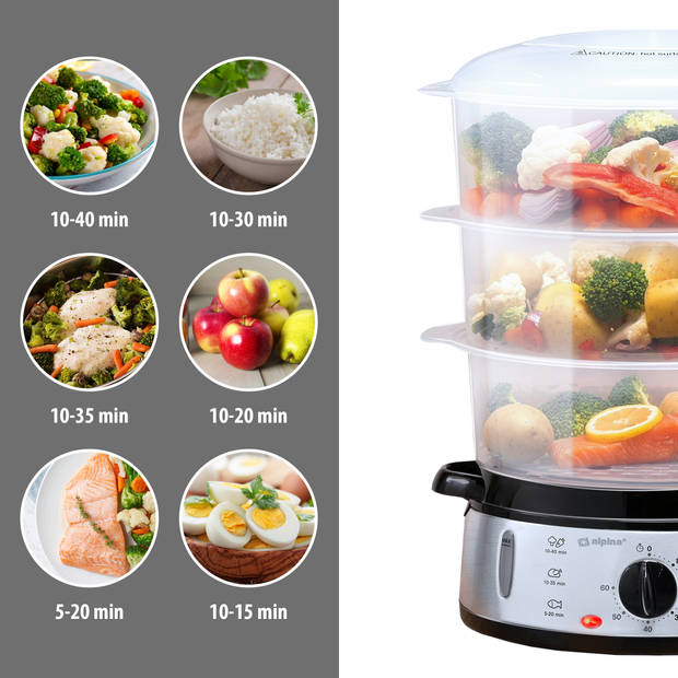 alpina Stoomkoker - 230V/800W - 3-Laags Food Steamer - BPA-Vrij - Vaatwasser Bestendig - Timer - 9 Liter Inhoud