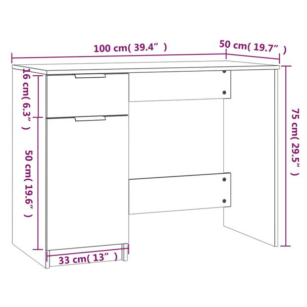 The Living Store Bureaukast - Computerbureau - 100 x 50 x 75 cm - Gerookt eiken - Hoge kwaliteit