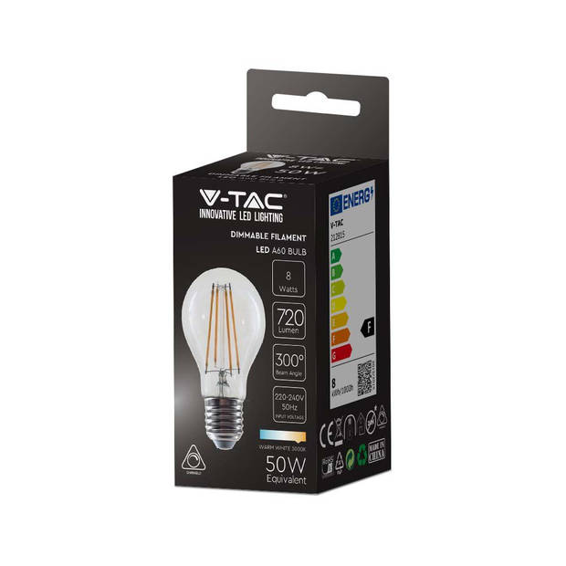 V-TAC VT-2288D-N E27 Transparante LED Lampen - Helder - GLS - IP20 - 8W - 720 Lumen - 3000K