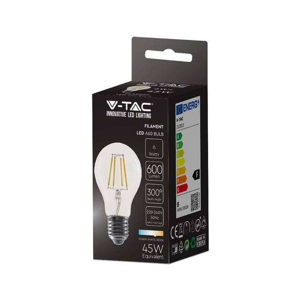 V-TAC VT-1887-N E27 Transparante LED Bol - Gloeilamp - A60 - IP20 - 6W - 600 Lumen - 3000K