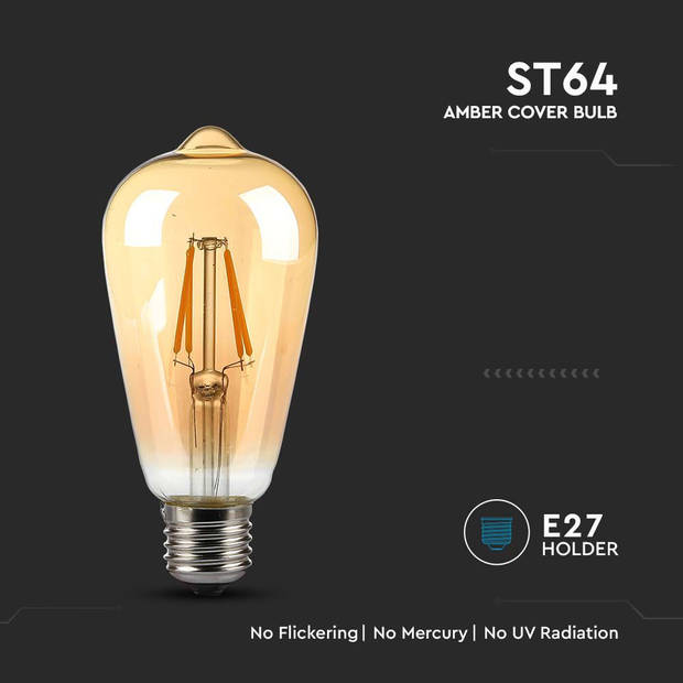 V-TAC VT-1964-N 10 Set E27 LED Lampen - Amber - ST64 - IP20 - 4W - 350 Lumen - 2200K