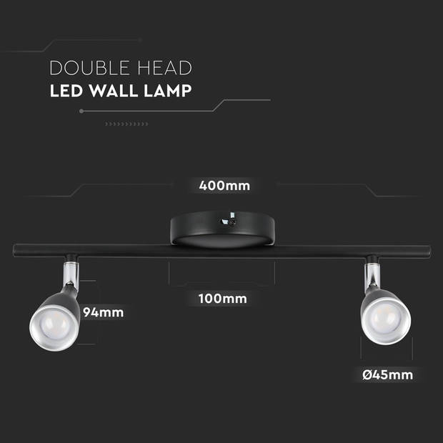 V-TAC VT-810-B Zwarte LED Wandlamp met Dubbele Kop - IP20 - 9W - 720 Lumen - 3000K