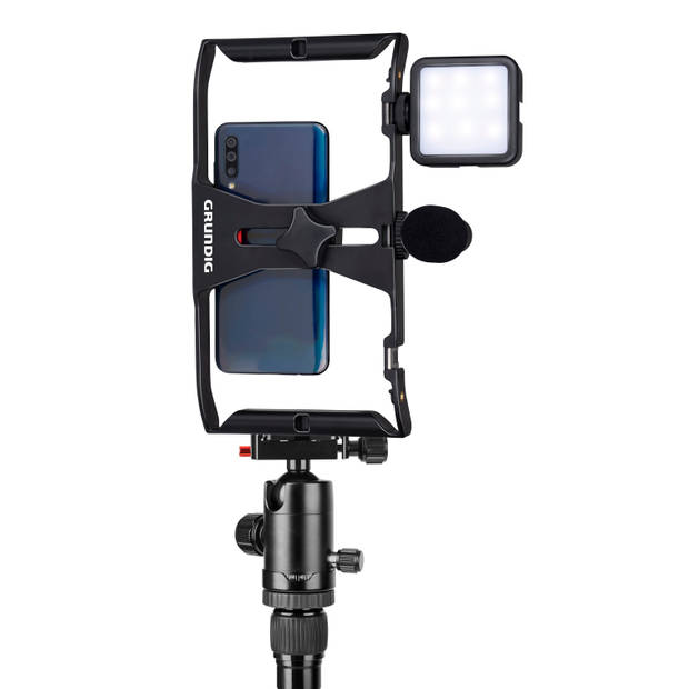 Grundig Smartphone Video Rig - Vlog Starter Kit - Aansluitingen voor Video Accessoires en Tripod - Zwart/ Rood