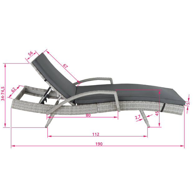 tectake -ligbed Océane-Wicker tuinset- 5-voudig verstelbare rugleuning-lichtgrijs - 403855