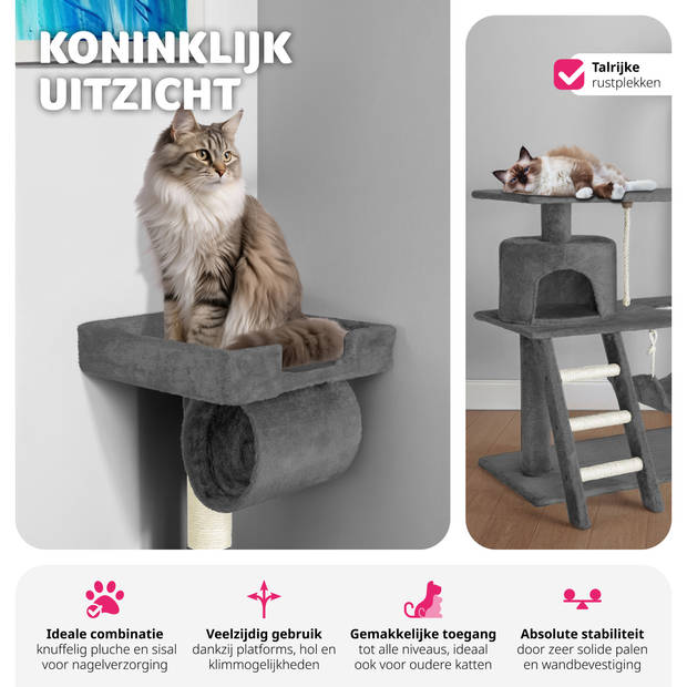 tectake® Krabpaal - Kat - Klimboom 141 cm Hoog - Met Hangmat, Grot, Speeltouw - Pluche en Sisal - Extra Breed - Grijs