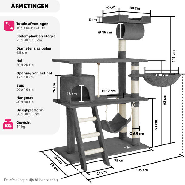 tectake® Krabpaal - Kat - Klimboom 141 cm Hoog - Met Hangmat, Grot, Speeltouw - Pluche en Sisal - Extra Breed - Grijs