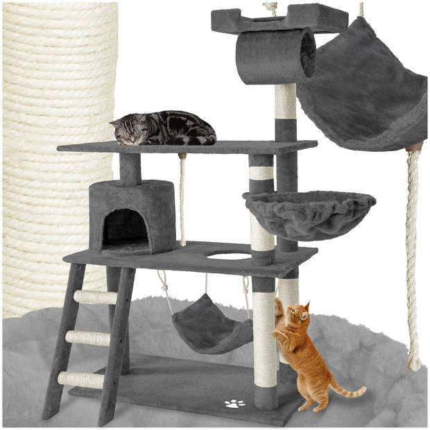 tectake® Krabpaal - Kat - Klimboom 141 cm Hoog - Met Hangmat, Grot, Speeltouw - Pluche en Sisal - Extra Breed - Grijs