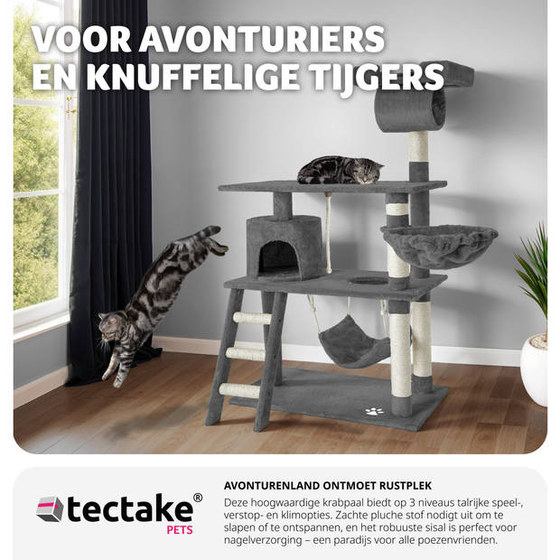 tectake® Krabpaal - Kat - Klimboom 141 cm Hoog - Met Hangmat, Grot, Speeltouw - Pluche en Sisal - Extra Breed - Grijs