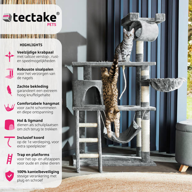 tectake® Krabpaal - Kat - Klimboom 141 cm Hoog - Met Hangmat, Grot, Speeltouw - Pluche en Sisal - Extra Breed - Grijs